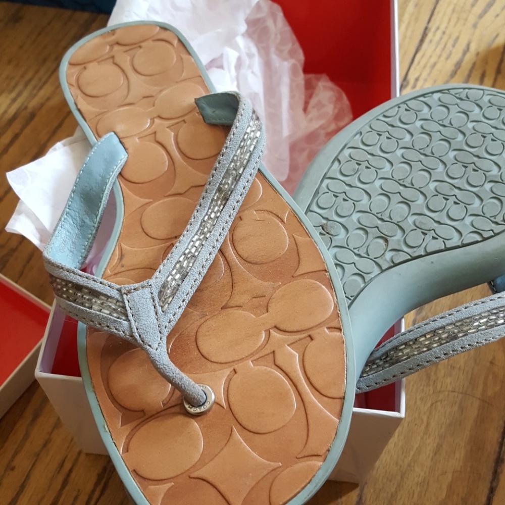 Coach Light Blue and Tan Embossed Logo Flip Flop Sandals